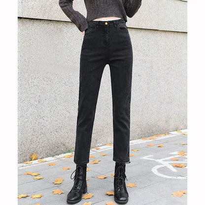 Lady Classic Solid High Waist Jeans Female Black Narrow Straight Leg Pants Girls Korean Leisure Fashion Denim Trousers