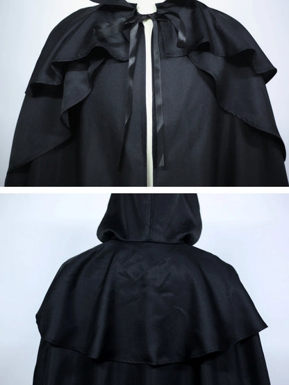 Medieval Vintage Hooded Long Cos Cloak, Dark Green Double Lapel Tie Cape, Unisex Ranger Hunter Wizard Role Play Costume, Retro Gothic Cosplay Coat