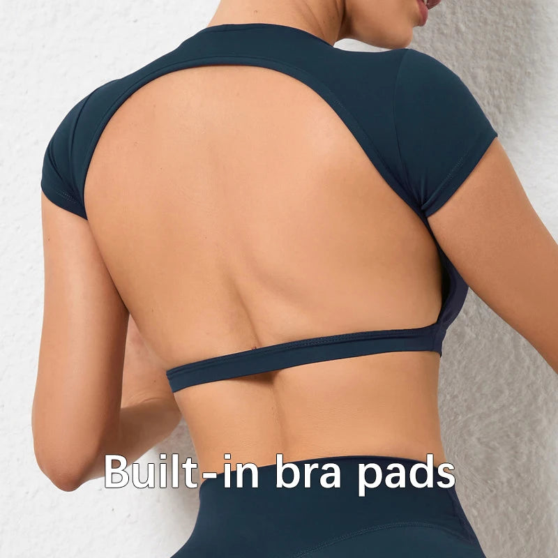 Hearuisavy Summer Sports Shirts Breathable Workout Tops Fitness Sportswear Backless Yoga Clothing Sport Crop Tops Women Gym Top