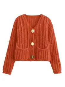 Womens Cropped Cardigan Sweater Button Down Chunky Knit Sweater Long Sleeve Fall Open Front Cardigan