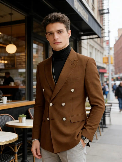 Men's Linen Blazer Double Breasted Slim Fit Breathable Suit Jacket Business Casual Gentlemen Coat Formal Wedding Party Dress