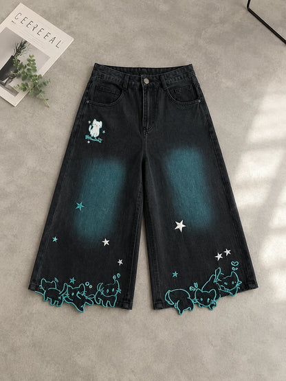 Summer Womens Oversized Jeans Elastic High Waist Cartoon Cat Embroidery Capri Pants Woman Denim Pants Wide Leg Girl Cute Jean