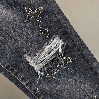Spring Summer 2025 New Fashion Denim Pants Female Korean Version Elastic Rhinestones High Waist Jeans Pencil Pants