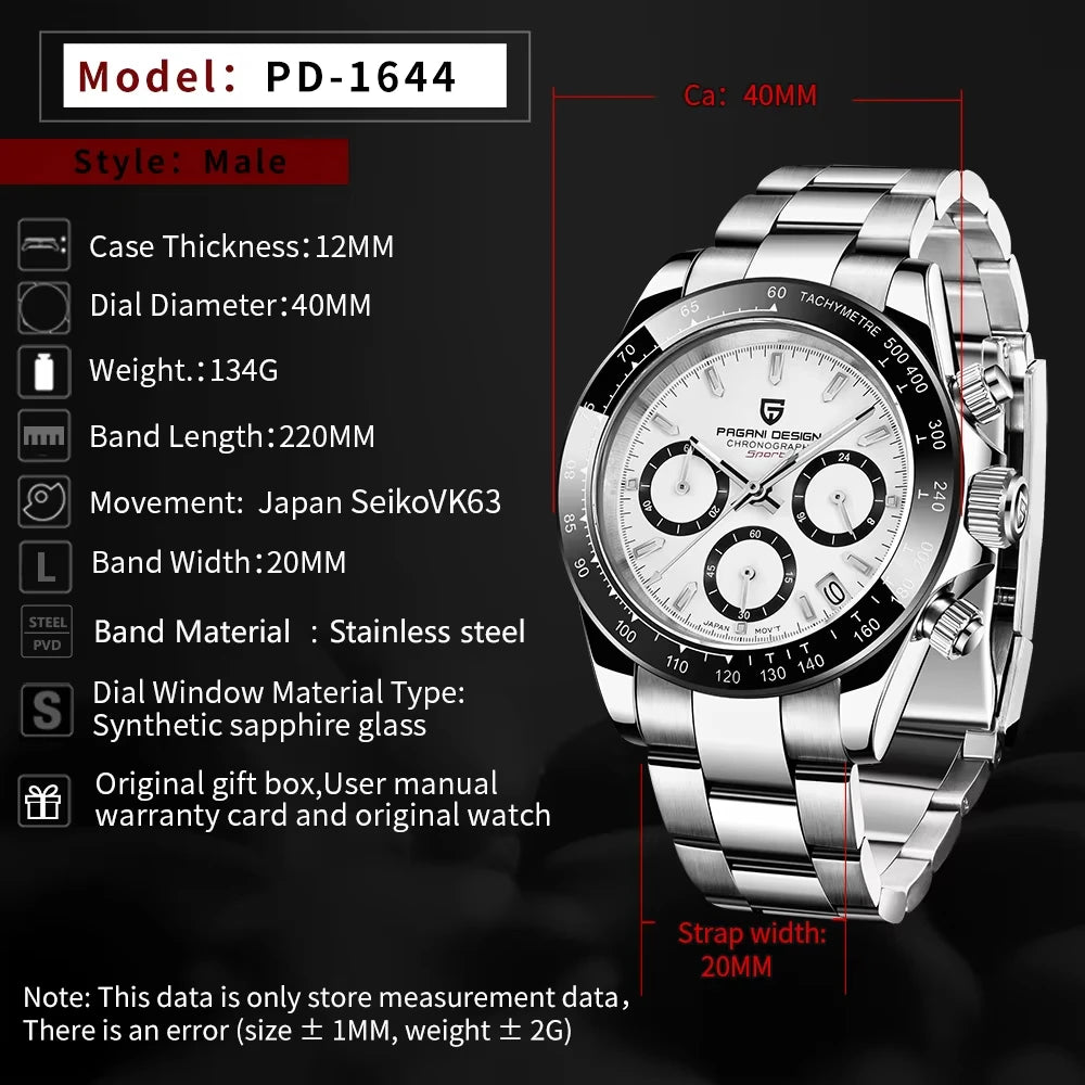 PAGANI DESIGN PD1644 Men's VK63 Quartz Chronograph Watch Sapphire Glass Stainless Steel 100M Waterproof Sport Wristwatch