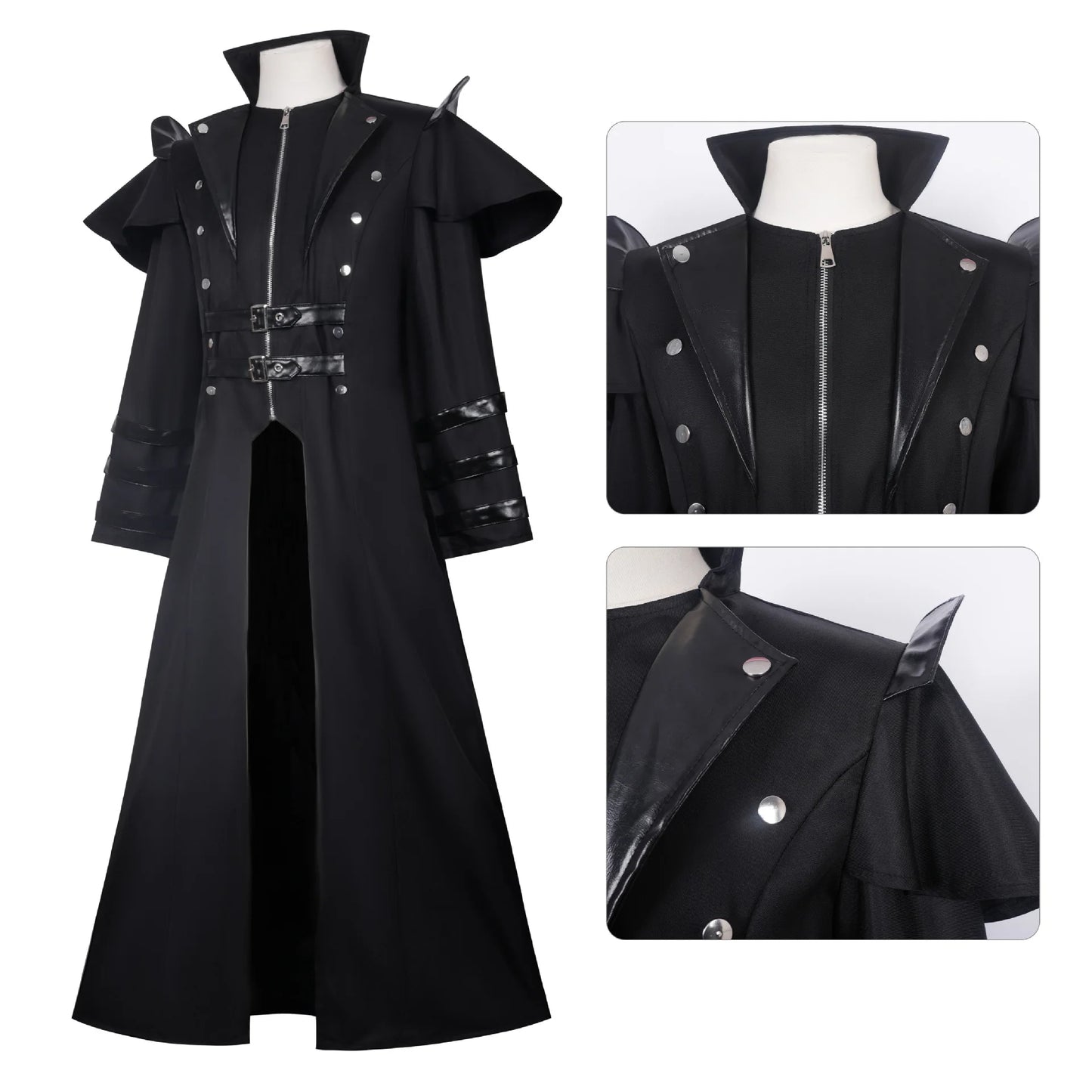 Men's Black Cosplay Costume, Long Coat & Leather Outfit for Game Character, Halloween Carnival Party Wear