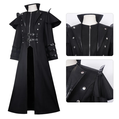 Men's Black Cosplay Costume, Long Coat & Leather Outfit for Game Character, Halloween Carnival Party Wear