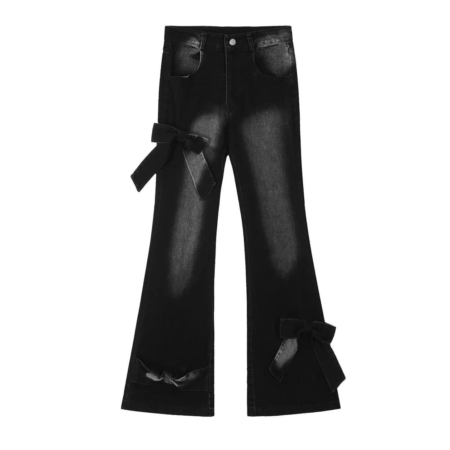 New Women Black Gothic Bow Flare Jeans Harajuku Aesthetic Y2K Denim Trousers High Waist Cowboy Pant Vintage 2000s Trashy Clothes