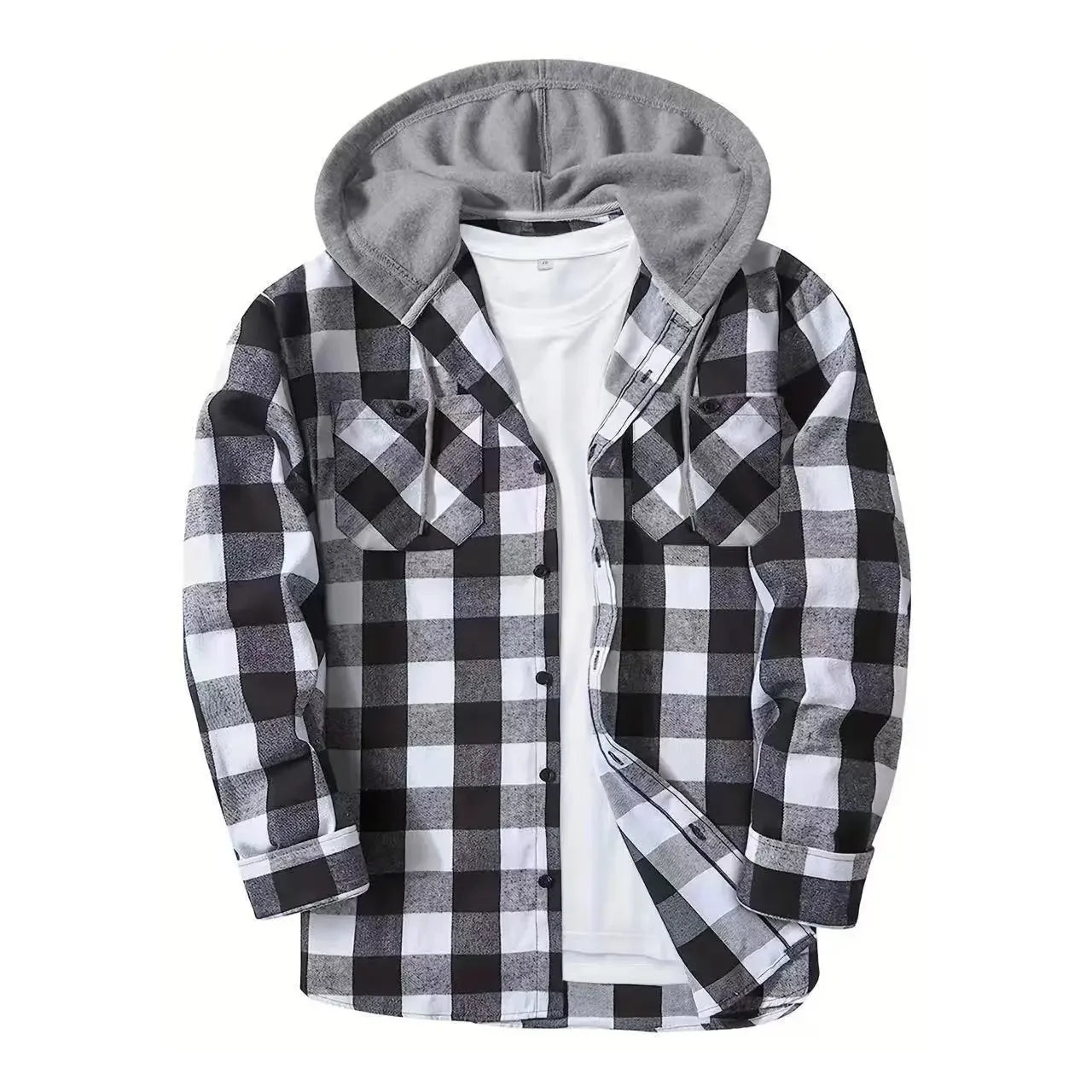 2026 Men's Flannel Shirt Jackets Classic Plaid Loose Casual Hooded Coats Double Pockets Button-up