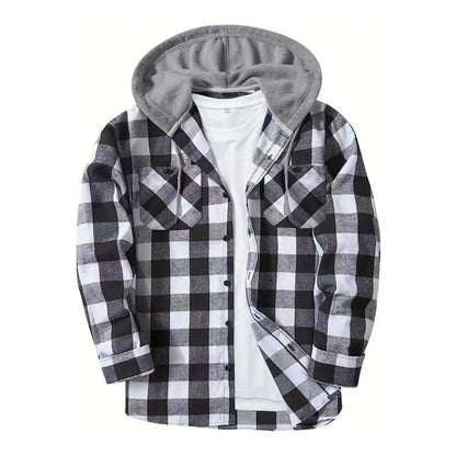 2026 Men's Flannel Shirt Jackets Classic Plaid Loose Casual Hooded Coats Double Pockets Button-up
