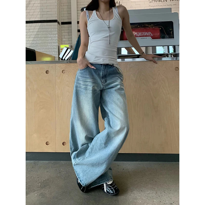 YIBASHU Women Baggy Jean American Retro Denim Blue Pants Y2k Design High Street Wide Fit Cowboy Japanese Harajuku Long Trousers