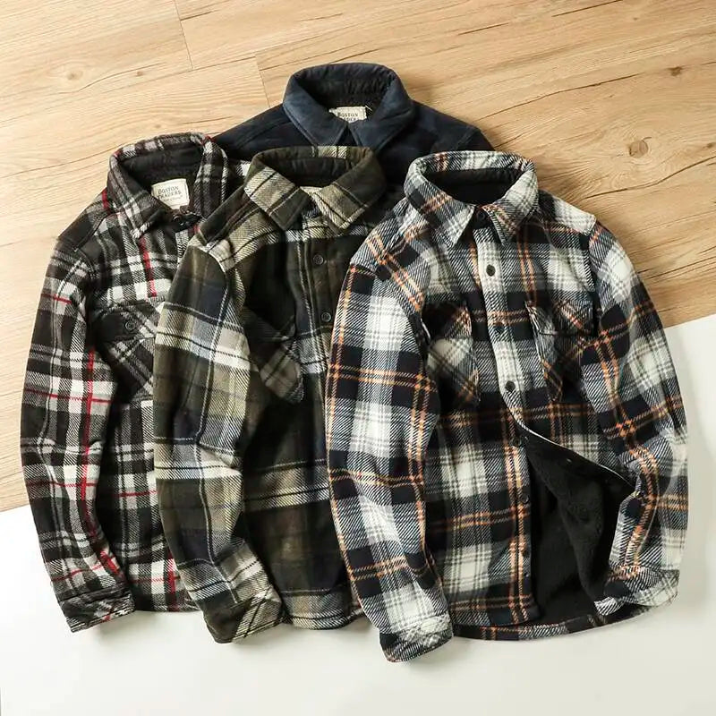 Winter Men's Plaid Flannel Shirts Thick Fleece Jacket Quilted Lined Long Sleeve Lamb Wool Checkered Shirt