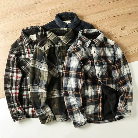 Winter Men's Plaid Flannel Shirts Thick Fleece Jacket Quilted Lined Long Sleeve Lamb Wool Checkered Shirt