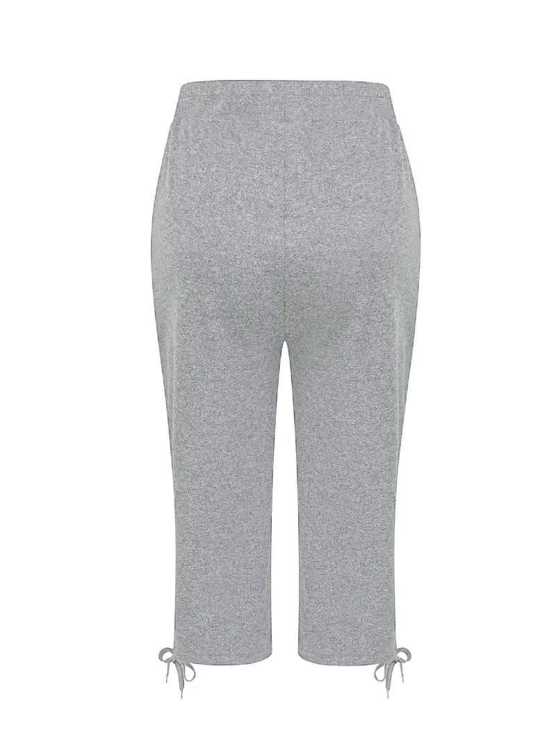 Plus size spring/summer/autumn stretch seven point jogging pants for women, with drawstring at the waist - fashionable pure blac