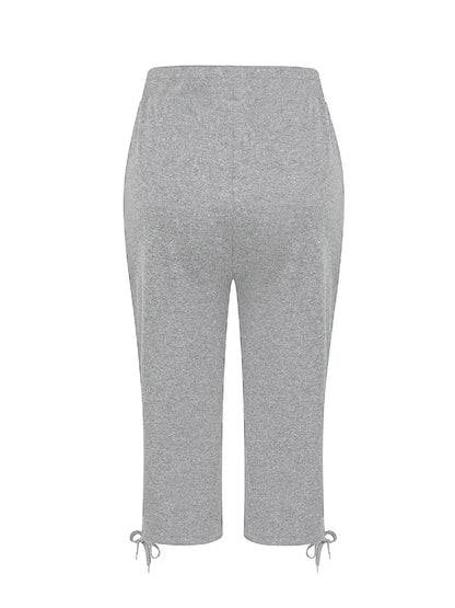 Plus size spring/summer/autumn stretch seven point jogging pants for women, with drawstring at the waist - fashionable pure blac