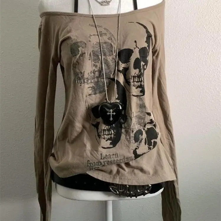Street Hottie Grunge Harajuku Skull Printed Vintage T-shirts Women Y2k Aesthetics Bodycon Casual Tees Off Shoulder Punk Tops