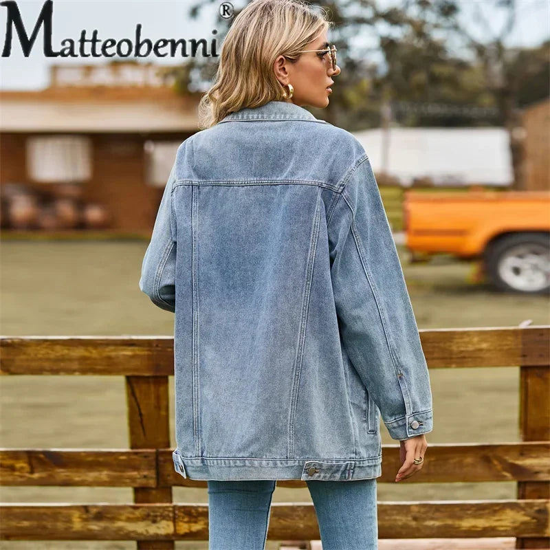 Vintage Denim Jacket Women Autumn Winter Loose Lapel Single-breasted Cardigan Coat Ladies Fashion Casual Commuter Outerwear 2024