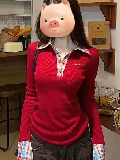 Preppy Polo Neck Plaid Long sleeve T shirt Women Fake Two-piece Basic Top V neck Button Blouses Tees Embroidery High-quality