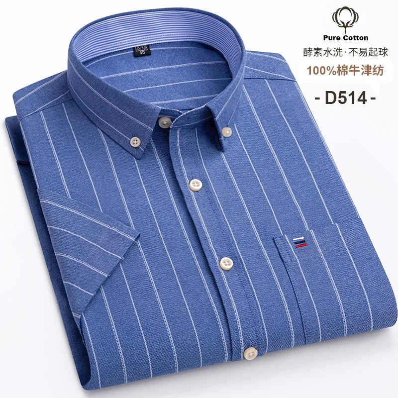 New Men's Social Shirt Short Sleeve 100% Pure Cotton Oxford Soft Buttoned Plaid Formal Male Clothes Pocket Social Shirt S-7XL