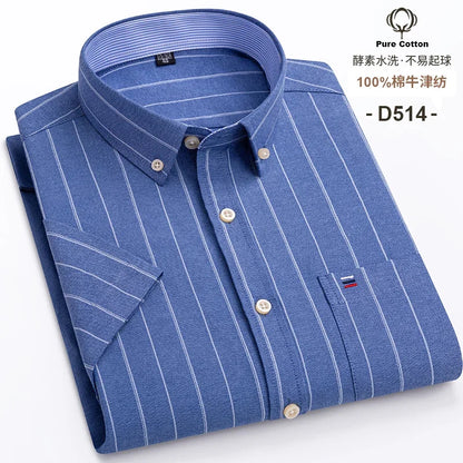 New Men's Social Shirt Short Sleeve 100% Pure Cotton Oxford Soft Buttoned Plaid Formal Male Clothes Pocket Social Shirt S-7XL