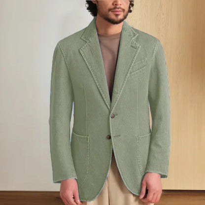 Men's Stretch Denim Blazer Classic Fit Notch Lapel 2 Button Suit Jacket Soft Breathable Business Casual Sport Coat with Pockets