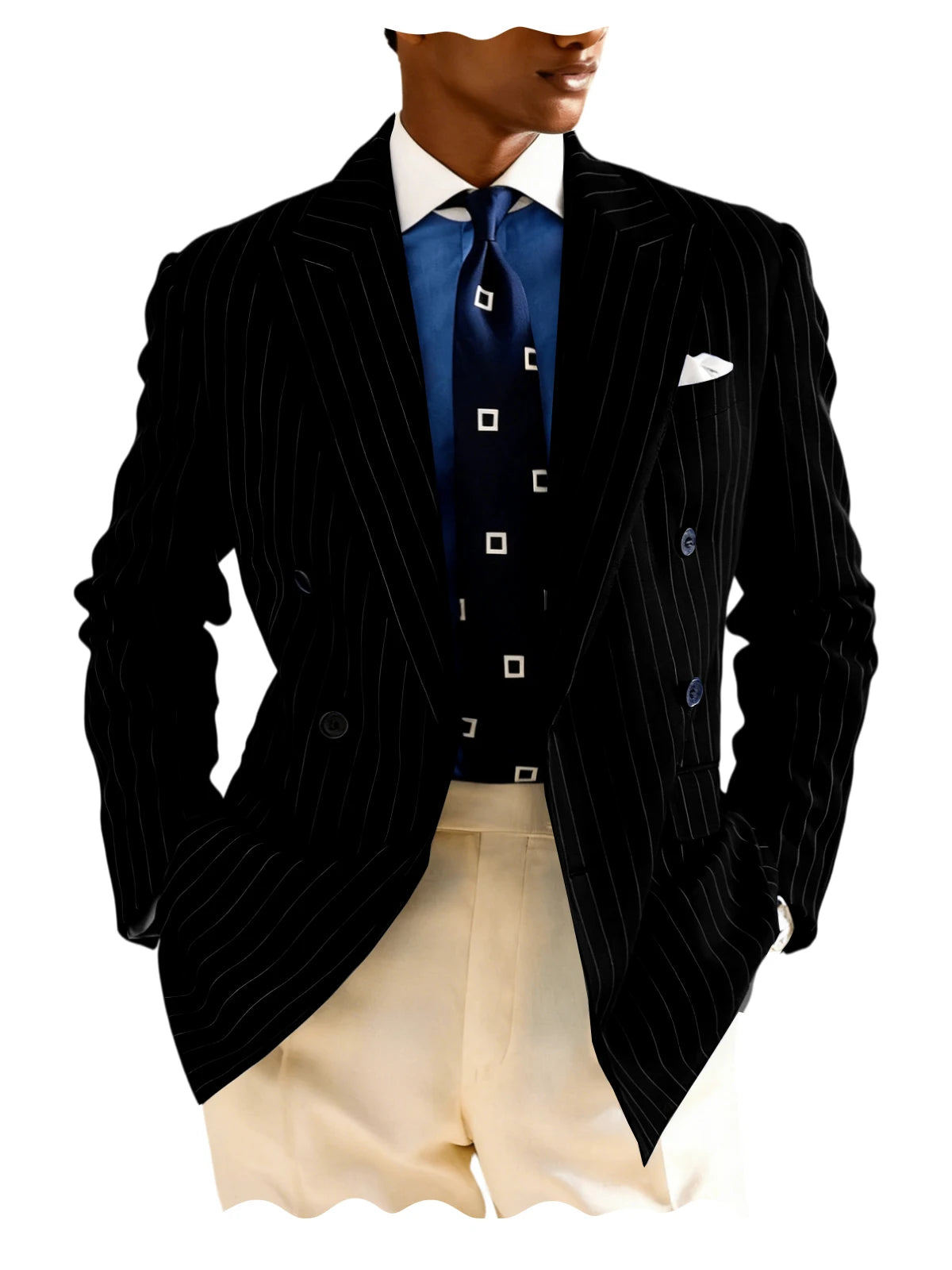Men's Pinstripe Double Breasted Blazer Classic Peak Lapel Slim Fit Striped Suit Jacket For Party Prom Business Formal Coats