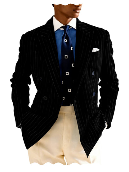 Men's Pinstripe Double Breasted Blazer Classic Peak Lapel Slim Fit Striped Suit Jacket For Party Prom Business Formal Coats