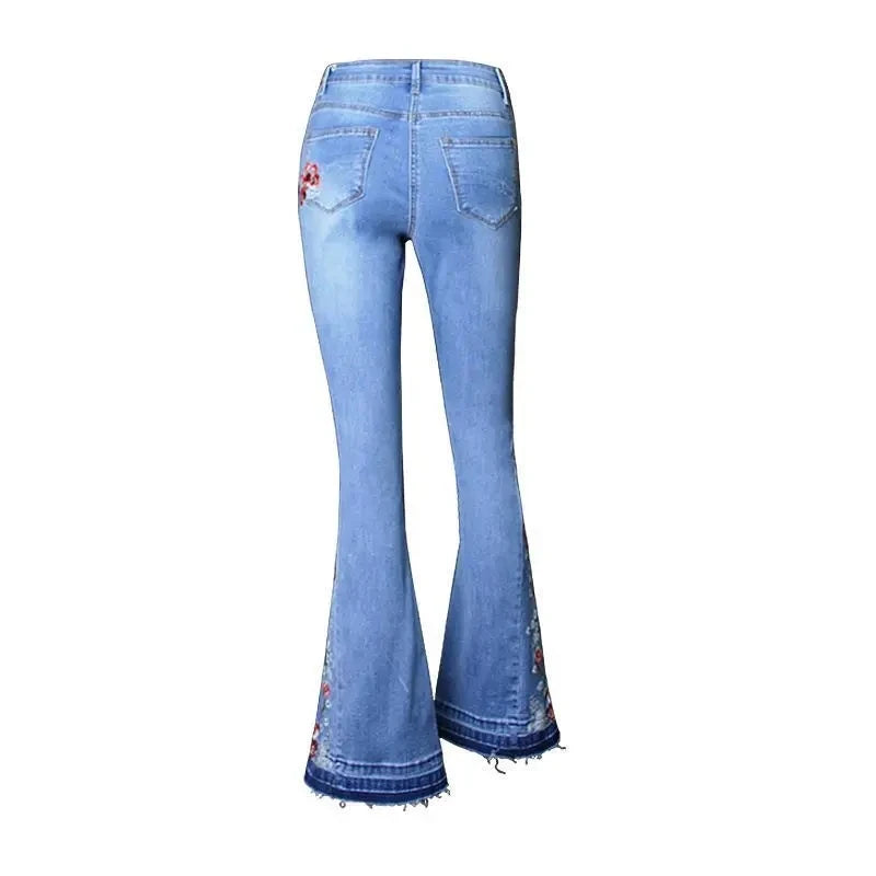 Embroidered Horn Jeans For women Summer 2025 New Light color Elastic High waisted Slim Denim Pants Female Casual Trousers