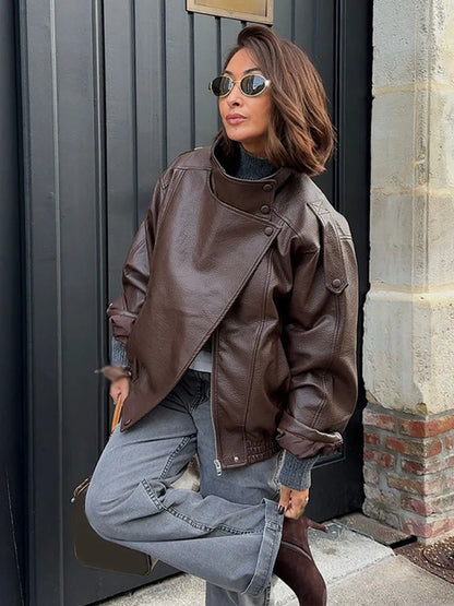HH Women Autumn Elegant Street Style Coats Woman Asymmetric Button Pocket Long Sleeves Black Loose Zipper Slim Jackets