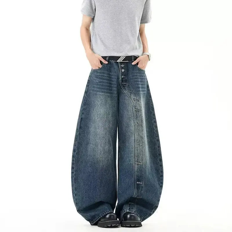 QICHE Men American Vintage Irregular Deconstructed Curved Jeans Loose Wide Leg Designer Casual Trousers