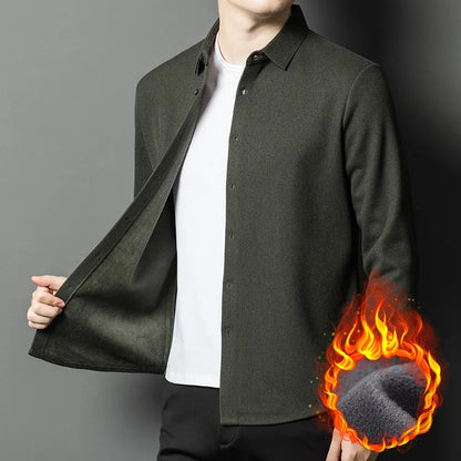 Men's Thermal Flannel Long Sleeves Shirt - Army Green (Black/Beige/Dark Green) 1.1% Cashmere | 450g Heavyweight Winter Warmth