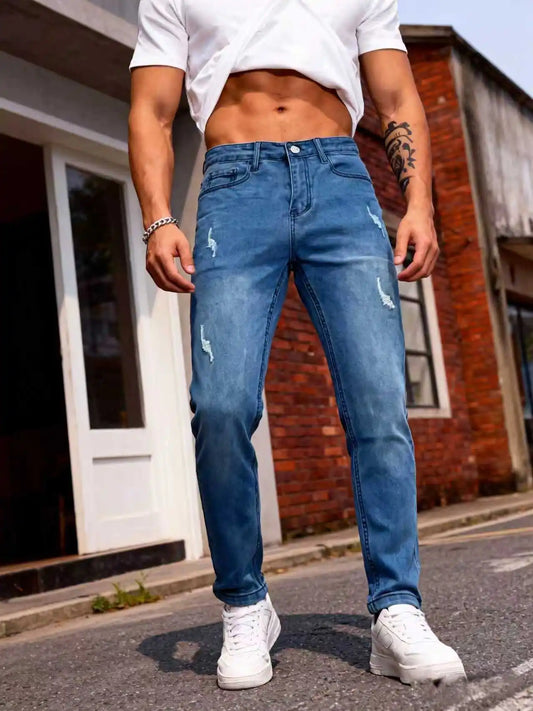 Men's Ripped Jeans, Slim Fit Stretch Denim Pants,