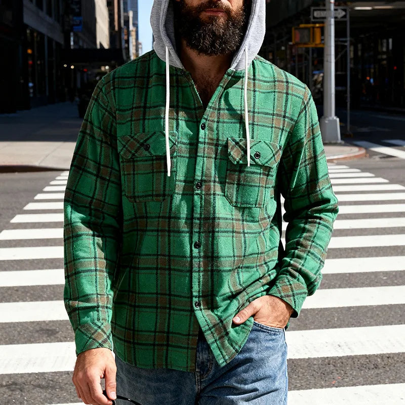 Men's Plaid Flannel Shirt Jacket Detachable Hooded Button-Down Shacket for Casual Wear