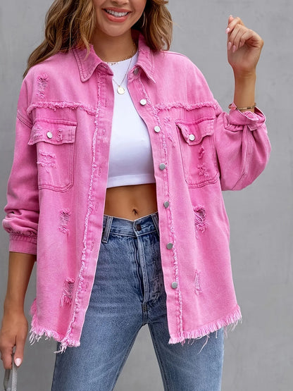 New Solid Colour Mid-length Hole Long-Sleeved Denim Jacket Denim Jacket Women