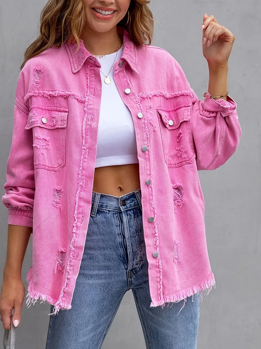 New Solid Colour Mid-length Hole Long-Sleeved Denim Jacket Denim Jacket Women