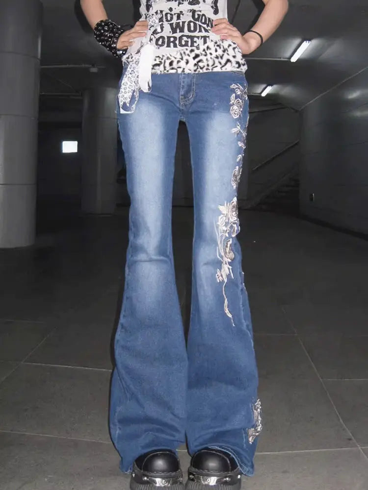 Women's American Retro High Street Flare Jeans Delicate Rose Embroidery Slim Fit Wide Leg Denim Pants with Flattering Silhouette