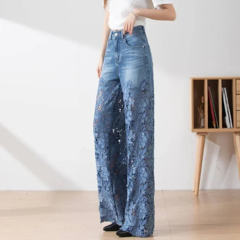 New Fashion Vintage Hollow Out Lace Flowers Lady Jeans Loose Straight Denim Pants High Street Elegant Summer Trousers Chic Pant