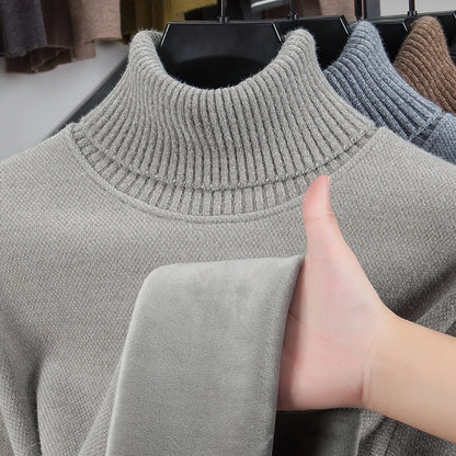 Luxury Man Long-Sleeved Knitwear High Neck Fleece-Lined Thickened Solid Color European American Style Sweater Leisure Men's Wear