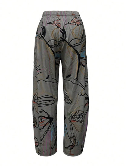 Plus Size Casual high waisted wide leg pants, loose straight leg, random printed pants, women's pants