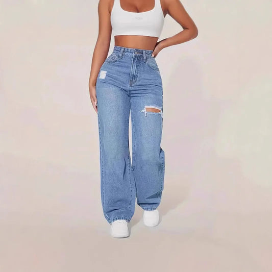 Jeans Women Denim Pant Wide Leg Long Pants Hole High Waist Straight Trousers Y2k Streetwear Work Splice Casual 2026 Punk