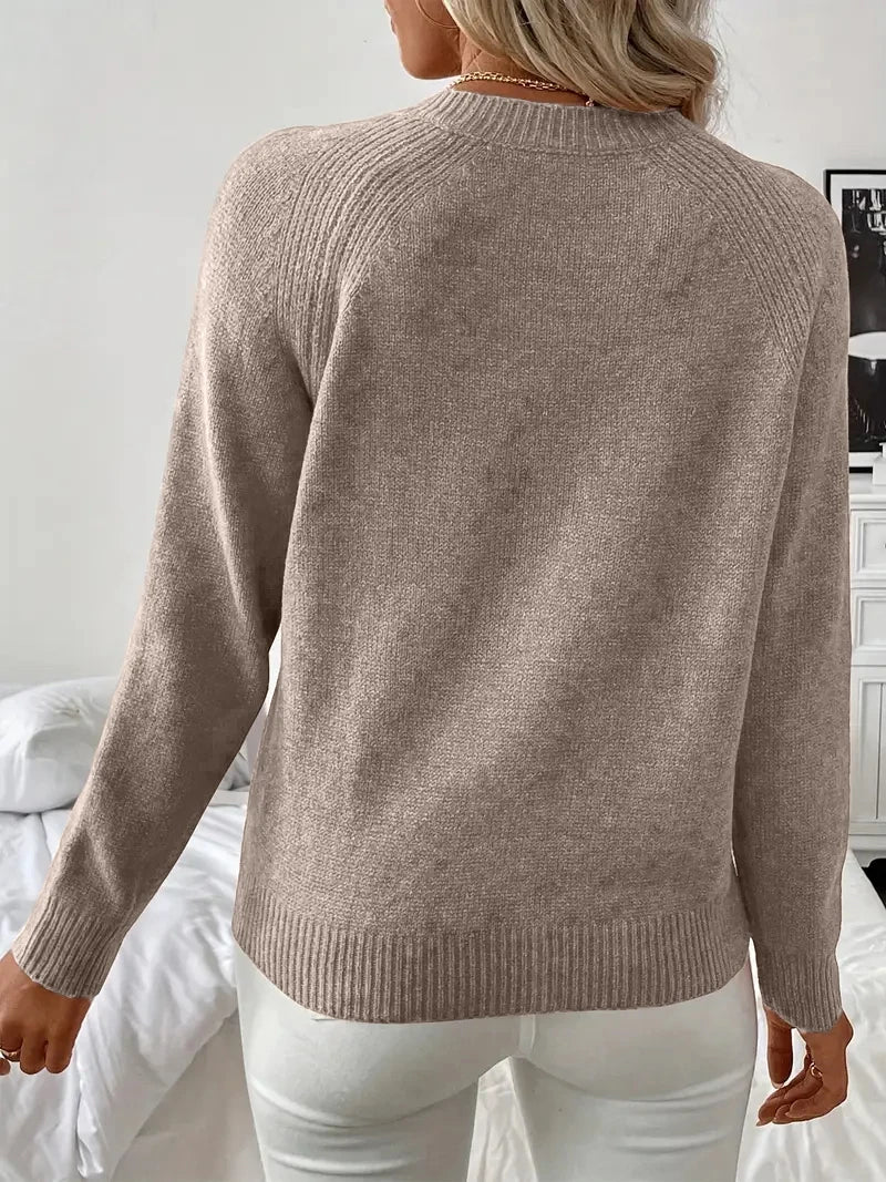 Women Asymmetrical Gold Button Crew Neck Knit Sweater, Soft Solid Long Sleeve Casual Pullover Jumper For Spring Autumn Daily Wear