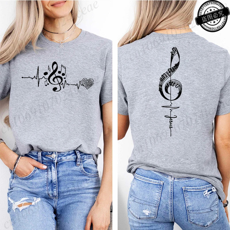 Musical Notes Printed T-Shirt for Women, Heartbeat Music Graphic Tee Shirts