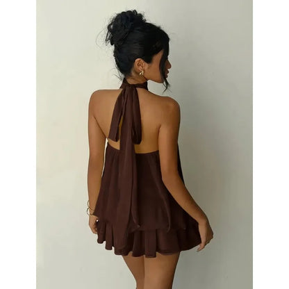 2026 Women's Elegant Halter Neck Sleeveless Ruffled Layered Chiffon Mini Dress Casual Summer Party Dress for Beach Vacation Y2K