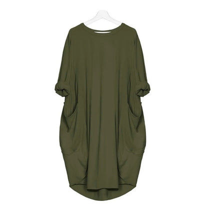 Women's summer casual fashion loose plus size solid color multi-color optional round neck long sleeved dress