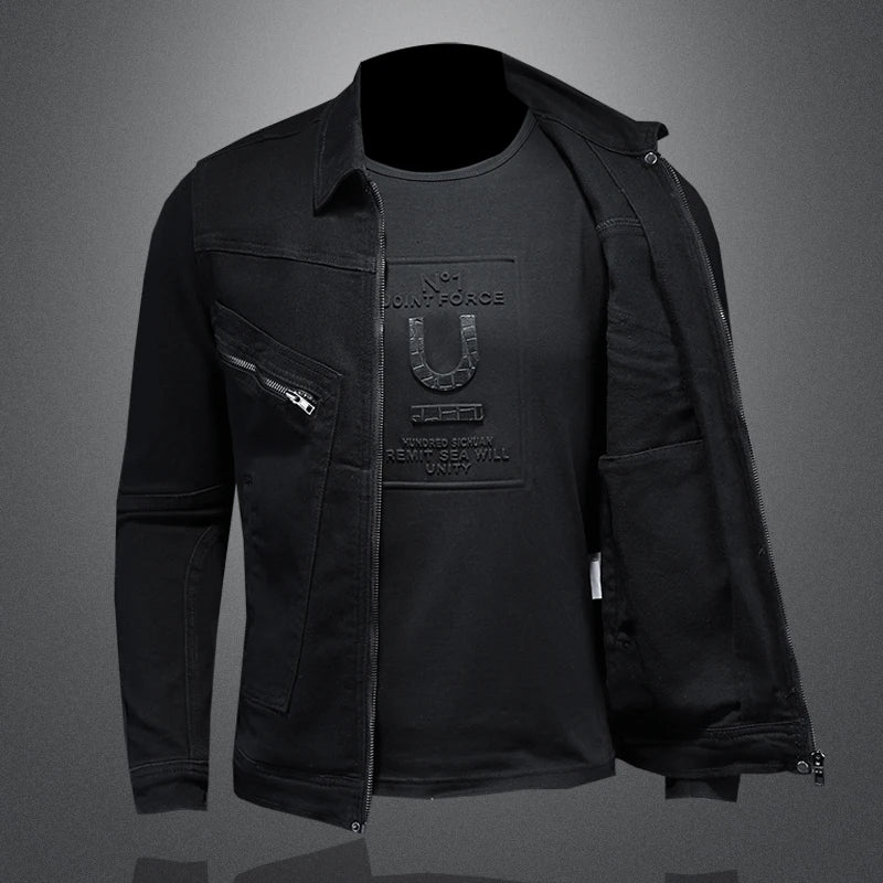 Men's High-Quality Fashion Handsome Trend Classic Denim Jacket Black Gold Zipper Biker Multi-Zip Winter Snow Jacket