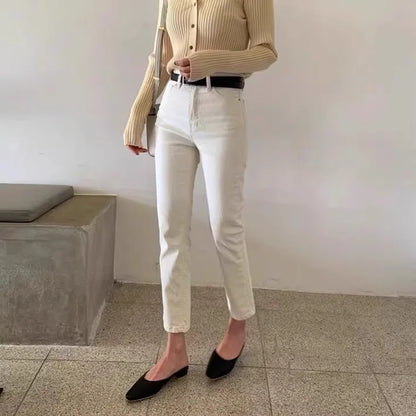 High Waist Straight Leg Jeans Women's ort Stature 50cm Slim Elastic Nine-Tenths e Tube Pants Spring Summer Apricot