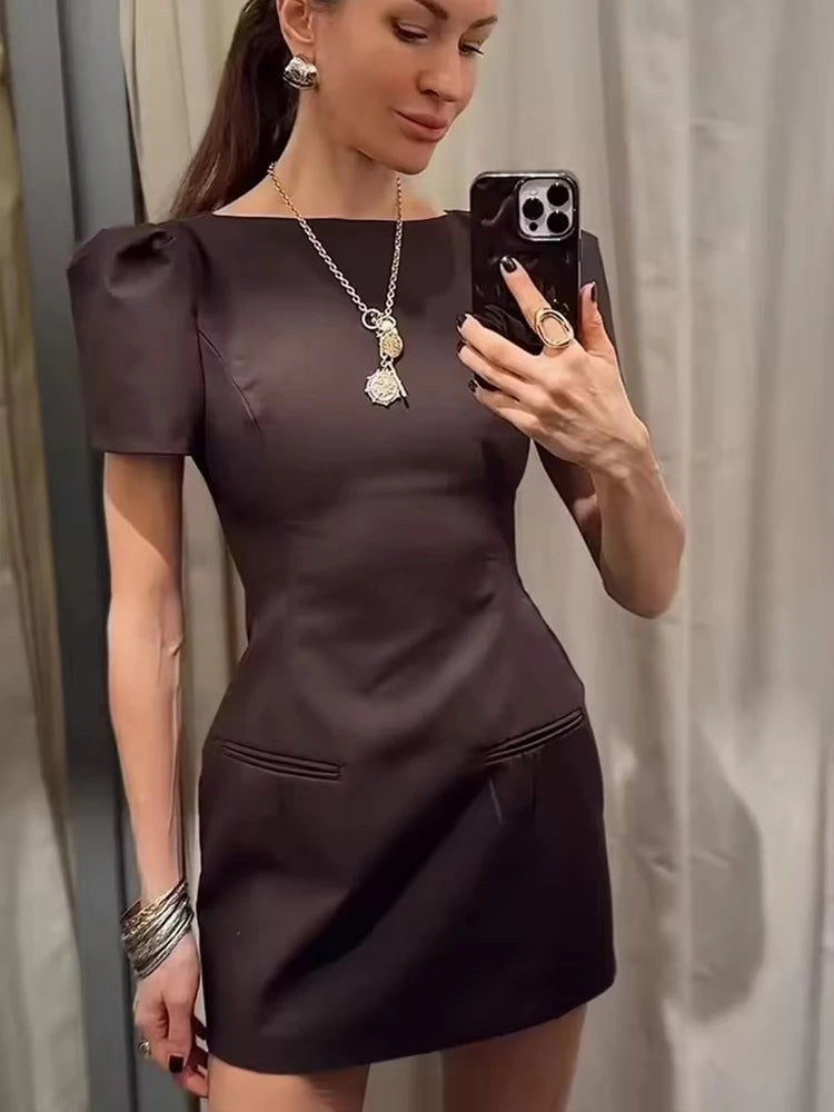 Chic Elegant Women Short Sleeve Mini Dress Slim Fit High Waist Solid Midi Dresses Simple Bodycon Commuter Summer Dress ﻿