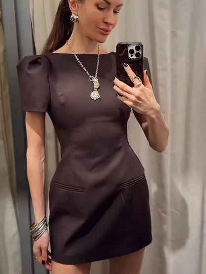 Chic Elegant Women Short Sleeve Mini Dress Slim Fit High Waist Solid Midi Dresses Simple Bodycon Commuter Summer Dress ﻿