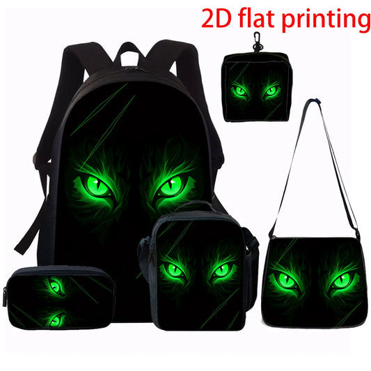 1/2/3/4/5pcs Green Eyes Print Backpack Set Lightweight Daily Large Capacity School Bag Travel Bag with Shoulder Bag Pencil Bag