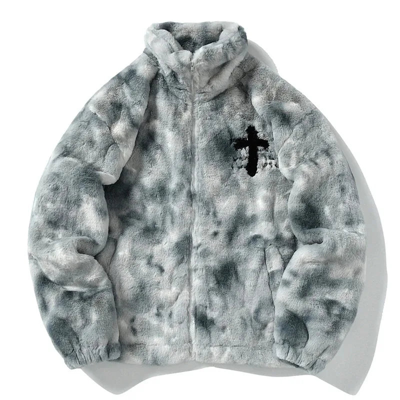 Streetwear Vintage Fleece Jacket Cross Embroidery Oversized Casual Fluffy Fuzzy Zipper Coat Harajuku Hip Hop Men Jackets 2023