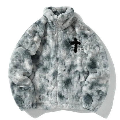 Streetwear Vintage Fleece Jacket Cross Embroidery Oversized Casual Fluffy Fuzzy Zipper Coat Harajuku Hip Hop Men Jackets 2023